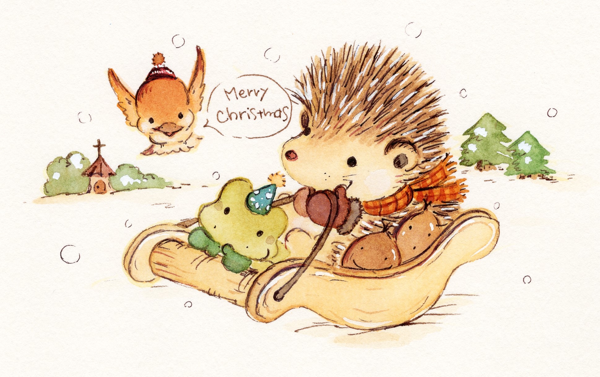 ハリネズミと小鳥 小さい教会にそりに乗ってクリスマス礼拝 水彩画のクリスマスカードのイラスト たまものクラブ
