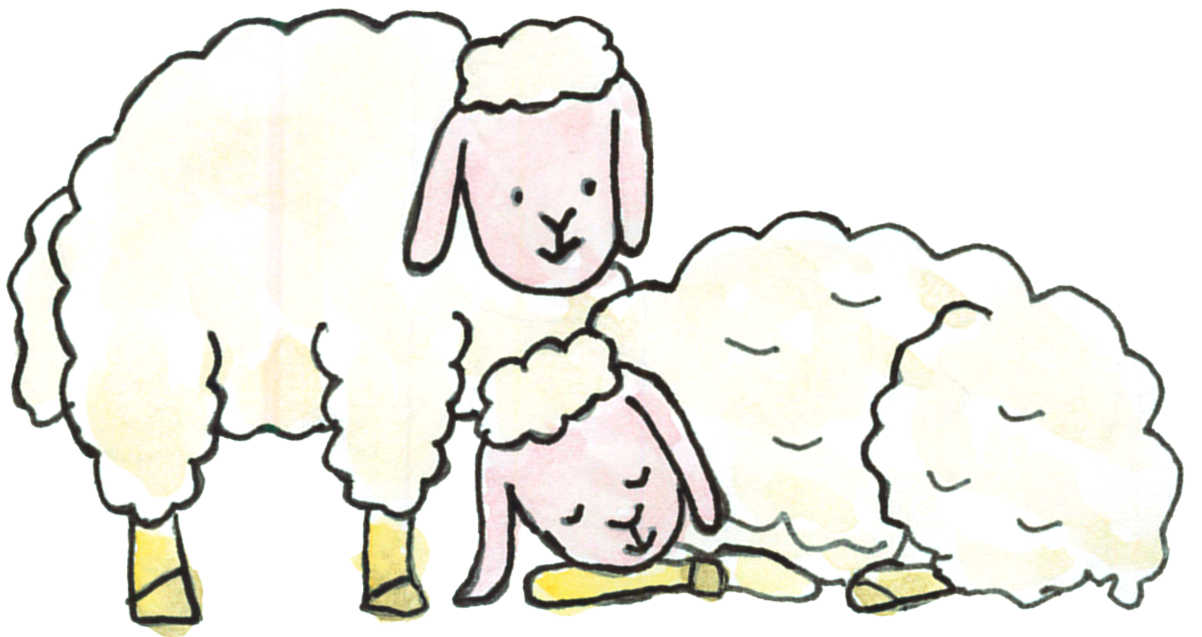 二匹の羊のイラスト よい羊飼の周りで安心してスヤスヤ たまものクラブ