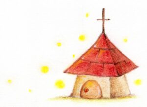 赤い屋根の小さな教会のイラスト、パステル画が優しい
