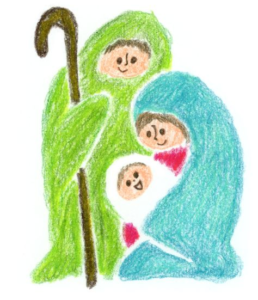 クリスマス物語、聖家族のイラスト、マリアは男の子を産む。その子をイエスと名付けなさい。