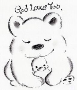 ひよこを抱っこする熊が可愛い、「God Loves You」