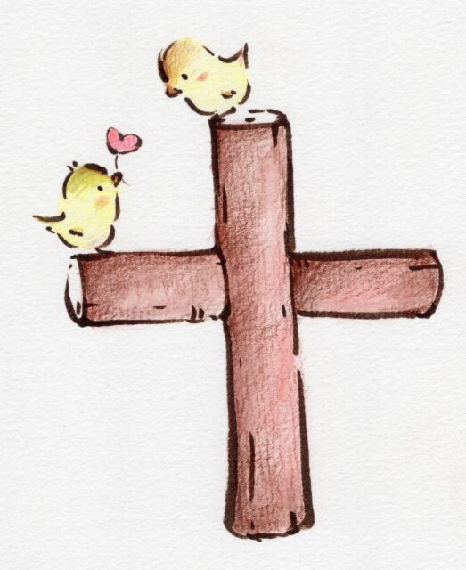 十字架と小鳥とハートのイラスト たまものクラブ
