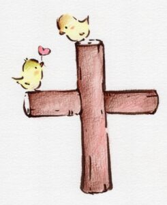 十字架と小鳥とハートのイラスト